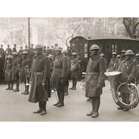 WWI Lieutenant James Europe and his Famous Jazz Band of the 369th Colored Infantry in the Parade on Black Modern Wood Framed Art Print with Double Matting by U.S. Archives
