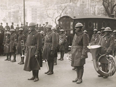 WWI Lieutenant James Europe and his Famous Jazz Band of the 369th Colored Infantry in the Parade on White Modern Wood Framed Art Print with Double Matting by U.S. Archives