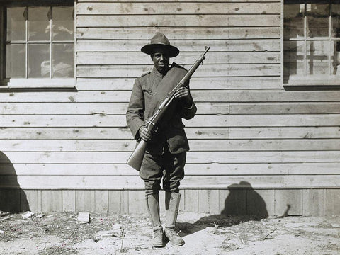 WWI Colored member of the telephone and telegraph battalion at Camp Upton-Long Island White Modern Wood Framed Art Print with Double Matting by U.S. Archives