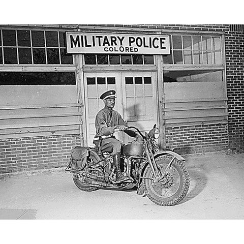 WWII An MP on motorcycle stands ready to answer all calls around his area. Columbus-Georgia Black Modern Wood Framed Art Print with Double Matting by U.S. Archives