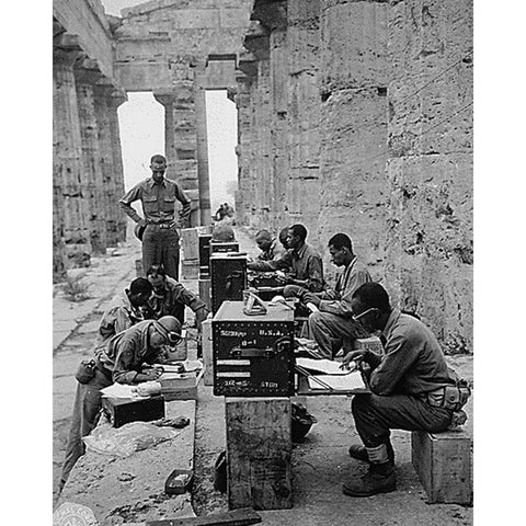 WWII 480th Port Battalion Set Up Between the Columns of the Ancient Greek Temple of Neptune Gold Ornate Wood Framed Art Print with Double Matting by U.S. Archives