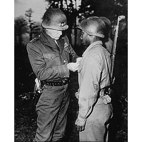 WWII Lt. Gen. George S. Patton-U.S. Third Army commander-pins the Silver Star on Private Ernest A. J White Modern Wood Framed Art Print by U.S. Archives