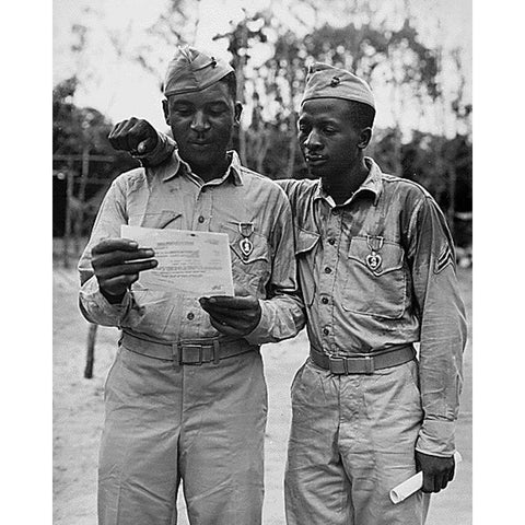 WWII Marines decorated by the famed Second Marine Division Black Modern Wood Framed Art Print with Double Matting by U.S. Archives