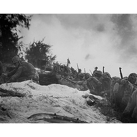 WWII assault troops await orders D-day at Saipan in the Marianas Gold Ornate Wood Framed Art Print with Double Matting by U.S. Archives