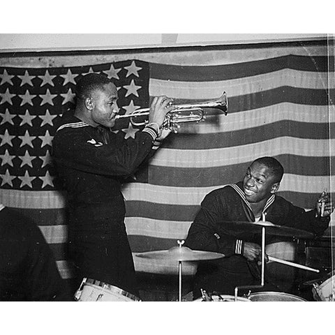 WWII Special United States Naval Construction Battalion Band Black Modern Wood Framed Art Print with Double Matting by U.S. Archives
