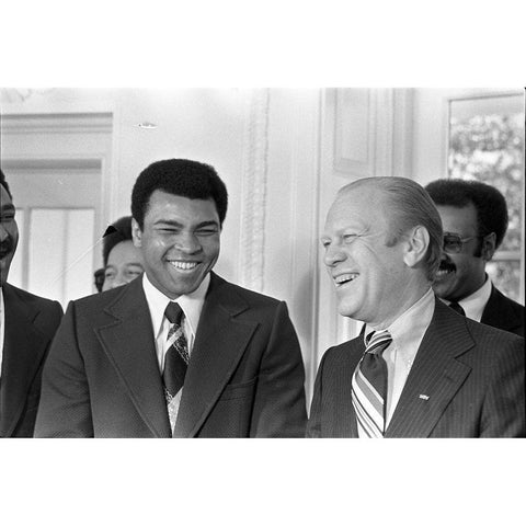President Gerald R. Ford and Boxer Muhammad Ali in the Oval Office Gold Ornate Wood Framed Art Print with Double Matting by U.S. Archives