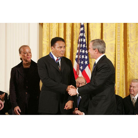 President George W. Bush Shakes Hands with Muhammad Ali Black Modern Wood Framed Art Print with Double Matting by U.S. Archives