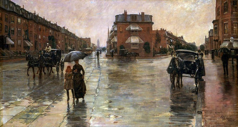 Rainy Day-Boston Black Ornate Wood Framed Art Print with Double Matting by Hassam, Childe