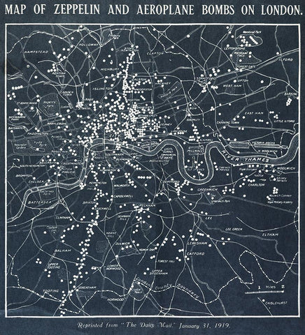 Map of Zeppelin and aeroplane bombs on London Black Ornate Wood Framed Art Print with Double Matting by World War 1 Photograph