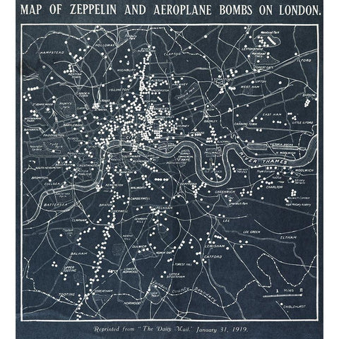 Map of Zeppelin and aeroplane bombs on London Black Modern Wood Framed Art Print with Double Matting by World War 1 Photograph