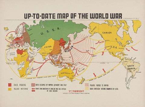 Up To Date map of the world war 1942 White Modern Wood Framed Art Print with Double Matting by Beinecke Manuscript Library