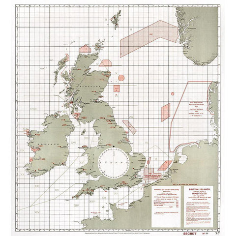 British Islands approximate positions of minefields 1918 Gold Ornate Wood Framed Art Print with Double Matting by Furlong, William Rea
