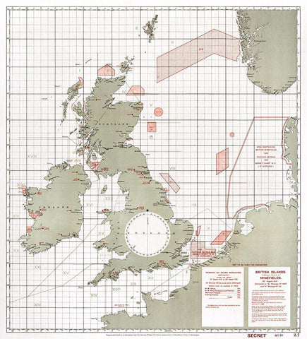British Islands approximate positions of minefields 1918 White Modern Wood Framed Art Print with Double Matting by Furlong, William Rea