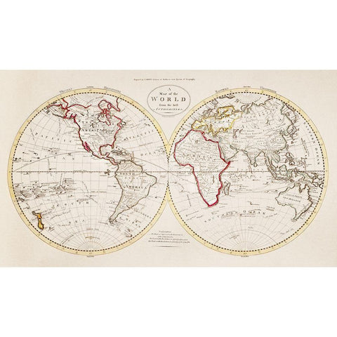 A Map of the World from the best Authorities 1795 Gold Ornate Wood Framed Art Print with Double Matting by Careys American Edition of Guthries Geography