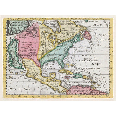Map of North America 1735 Gold Ornate Wood Framed Art Print with Double Matting by Erven J Ratelnand and Co