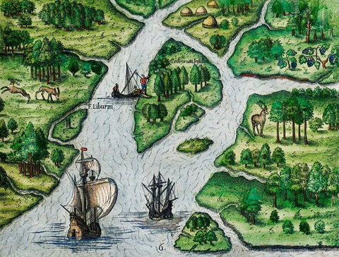Port Royal-South Carolina illustration from Grand voyages 1596 White Modern Wood Framed Art Print with Double Matting by Bry, Theodor de
