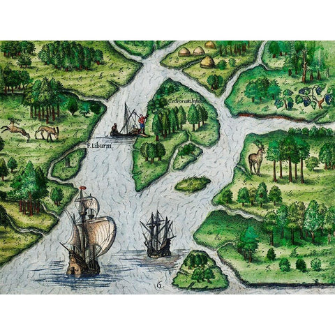 Port Royal-South Carolina illustration from Grand voyages 1596 Black Modern Wood Framed Art Print with Double Matting by Bry, Theodor de