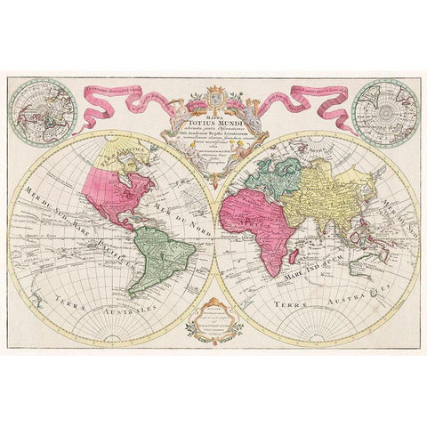 Mappa totius mundi adornata juxta observationes 1682 Black Modern Wood Framed Art Print with Double Matting by L isle, Guillaume de