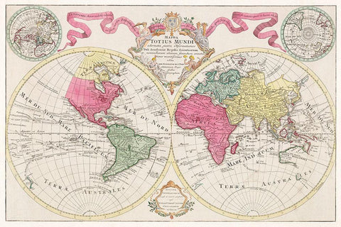 Mappa totius mundi adornata juxta observationes 1682 White Modern Wood Framed Art Print with Double Matting by L isle, Guillaume de