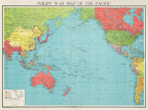 Philips war map of the Pacific 1945 White Modern Wood Framed Art Print with Double Matting by George Philip and Son Limited