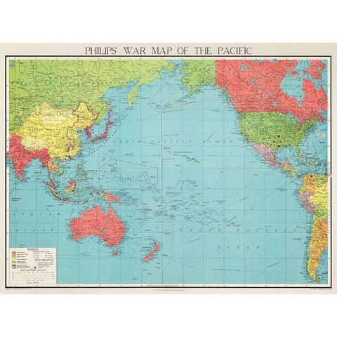Philips war map of the Pacific 1945 White Modern Wood Framed Art Print by George Philip and Son Limited