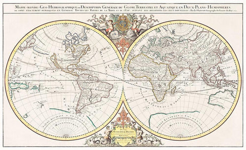 General description of the terrestrial and aquatic globe in two hemispherical planes 1691 White Modern Wood Framed Art Print with Double Matting by Jaillot, Alexis Hubert