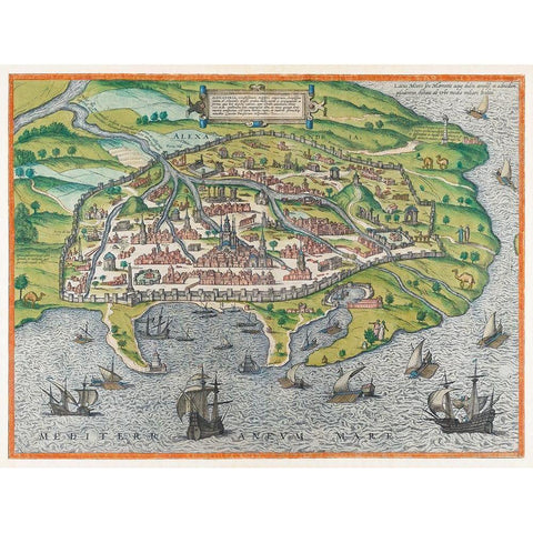 Map of Alexandria 1575 Black Modern Wood Framed Art Print with Double Matting by Braun, Georg