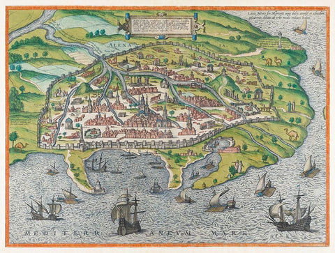 Map of Alexandria 1575 White Modern Wood Framed Art Print with Double Matting by Braun, Georg
