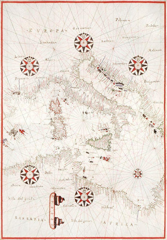 Portolan atlas of the Mediterranean Sea-Central Mediterranean 1590 White Modern Wood Framed Art Print with Double Matting by Olivia, Joan
