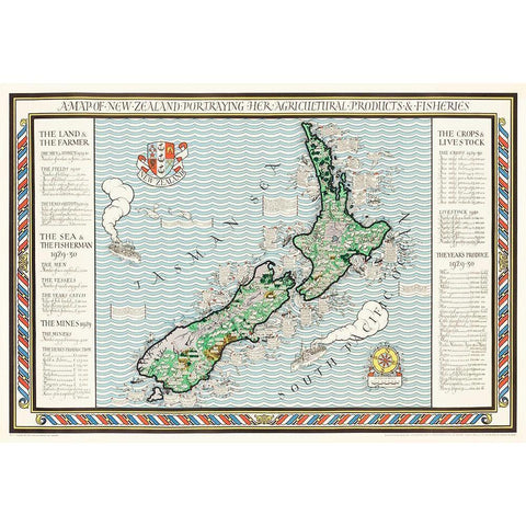 A Map of New Zealand 1913 Gold Ornate Wood Framed Art Print with Double Matting by Gil, MacDonald