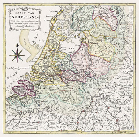 Map of the Netherlands with the marching routes of the French army 1792 White Modern Wood Framed Art Print with Double Matting by Baarsel, Cornelis van