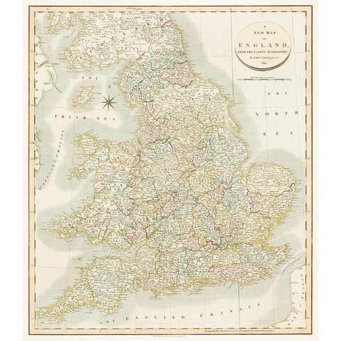 A new map of England 1811 Black Modern Wood Framed Art Print with Double Matting by Cary, John