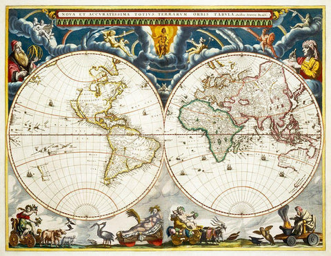 New and accurate map of the whole world Black Ornate Wood Framed Art Print with Double Matting by Blaeu, Joan