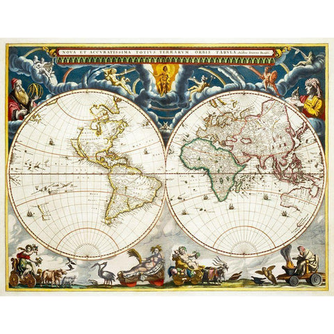New and accurate map of the whole world Black Modern Wood Framed Art Print with Double Matting by Blaeu, Joan