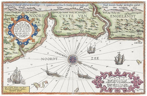 Map of the north coast of England at Newcastle upon Tyne 1583 White Modern Wood Framed Art Print with Double Matting by Doetechum, Joannes van