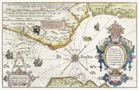 Map of the coasts of Flanders-Normandy and England 1581 Black Ornate Wood Framed Art Print with Double Matting by Doetechum, Joannes van