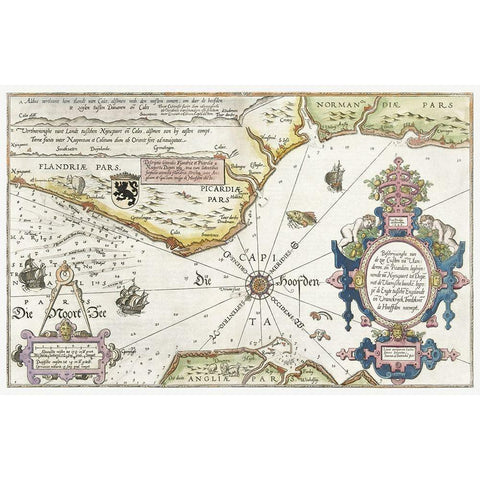 Map of the coasts of Flanders-Normandy and England 1581 Gold Ornate Wood Framed Art Print with Double Matting by Doetechum, Joannes van
