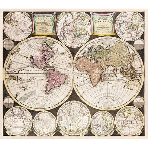 Flat earth globe commonly called the whole world 1696 Gold Ornate Wood Framed Art Print with Double Matting by Allard, Carel