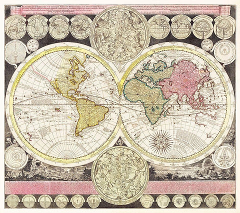 Flat earth globe with the celestial half round 1709 White Modern Wood Framed Art Print with Double Matting by Zuerner, Adam Friedrich