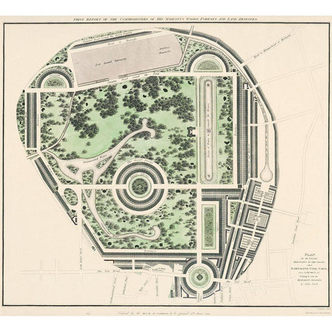Marybone Park Farm Plan Black Modern Wood Framed Art Print with Double Matting by Basire, James