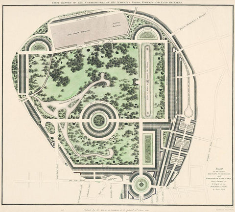 Marybone Park Farm Plan Black Ornate Wood Framed Art Print with Double Matting by Basire, James