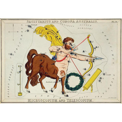 Astronomical chart illustration of Sagittarius and Corona Australis-Microscopium and Telescopium 183 White Modern Wood Framed Art Print by Hall, Sidney