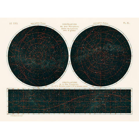 Constellations of the Two Hemispheres 1877 White Modern Wood Framed Art Print by Amedee, Guillemin