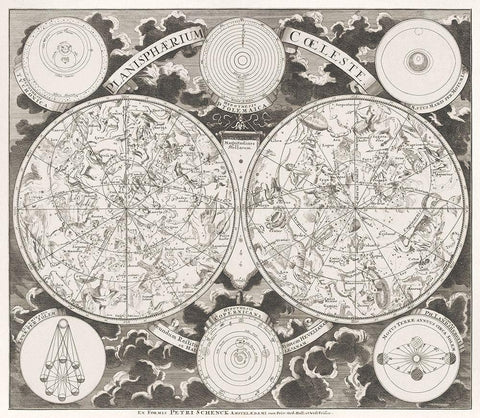 Sky map showing the northern and southern constellations 1705 White Modern Wood Framed Art Print with Double Matting by Schenk, Pieter