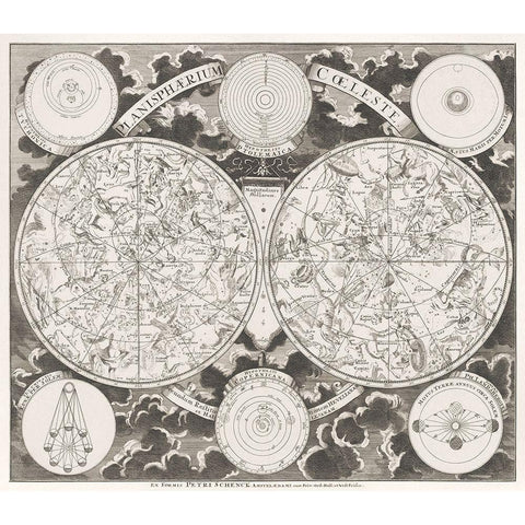 Sky map showing the northern and southern constellations 1705 White Modern Wood Framed Art Print by Schenk, Pieter