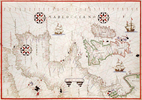 Portolan atlas of the Mediterranean Sea-western Europe-and the northwest coast of Africa 1590 White Modern Wood Framed Art Print with Double Matting by Olivia, Joan