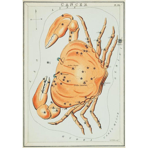 Astronomical chart illustration of the cancer zodiac Black Modern Wood Framed Art Print by Hall, Sidney