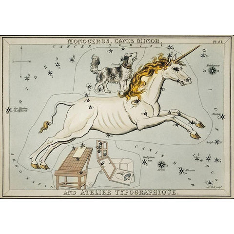Astronomical chart illustration of the Monoceros-Canis Minor and the Atelier Typographique Black Modern Wood Framed Art Print by Hall, Sidney
