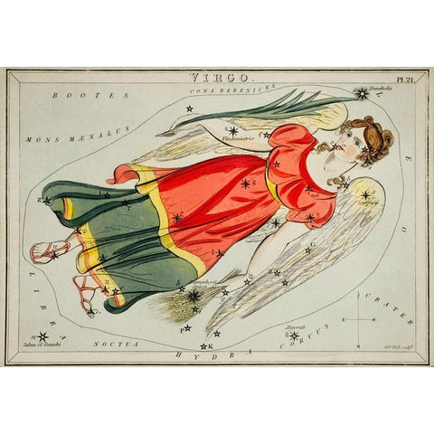 Astronomical chart illustration of the Virgo Gold Ornate Wood Framed Art Print with Double Matting by Hall, Sidney