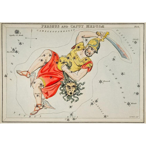 Astronomical chart illustration of the Perseus and the Caput Medusae Gold Ornate Wood Framed Art Print with Double Matting by Hall, Sidney